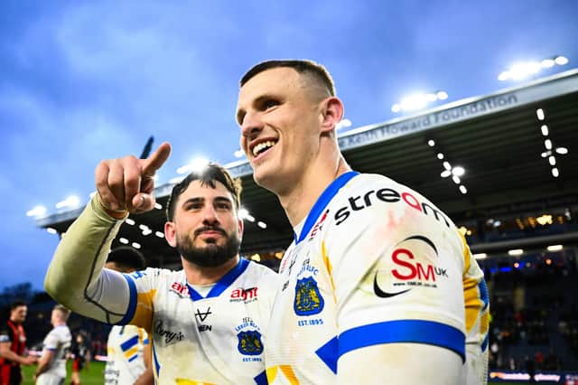 Jack Bird, left with fellow Leeds Rhinos centre Ash Handley, has undergone minor knee surgery. Picture by Olly Hassell/SWpix.com.