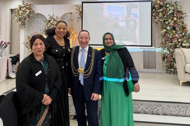 Asha CEO Alia Nessa (right) and Asha Centre Manager Zaheda Khanam with Cllr Abigail Marshall Katung and Lord Mayor of Leeds Cllr Dan Cohen.
