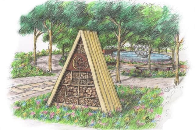 Artist’s impression of the 1804 RHS Garden bug hotel by Graham Andrews (DAME Studios).