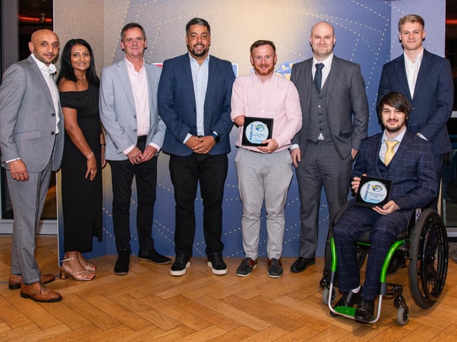 PDRL player of the year Chris Young and wheelchair player of the year Cameron Hills with award sponsors Chadwick Lawrence.