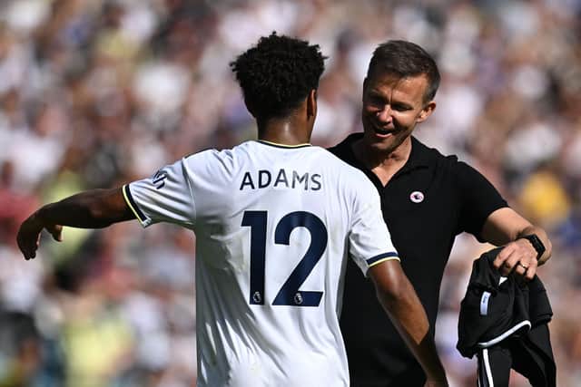 Leeds United's US head coach Jesse Marsch celebrates with Leeds United's US midfielder Tyler Adams (L) after winning at the end of the English Premier League football match between Leeds United and Chelsea  (Photo by PAUL ELLIS/AFP via Getty Images)