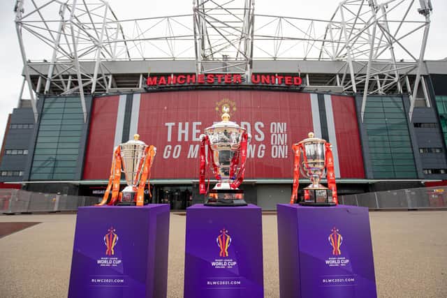 The men's, women's and wheelchair  World Cup trophies at Old Trafford, which will host the men's and women's finals. Picture by Paul Currie/SWpix.com.