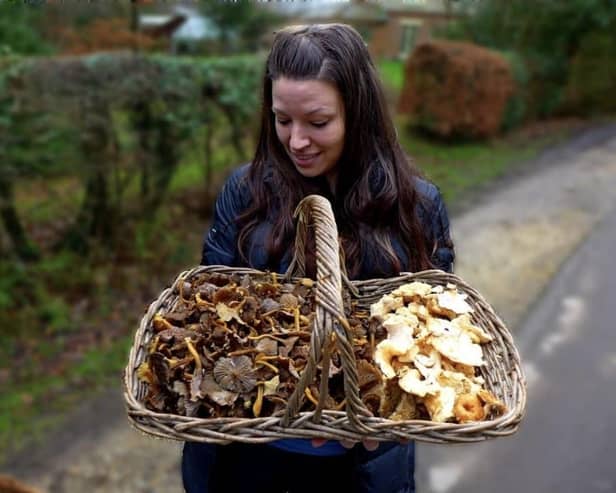 Lisa Cutcliffe, 42, spends up to 15 hours a week 'shopping' in nature in Leeds fields and forests. She's pictured here with foraged mushrooms. (Photo Lisa Cutcliffe/SWNS)