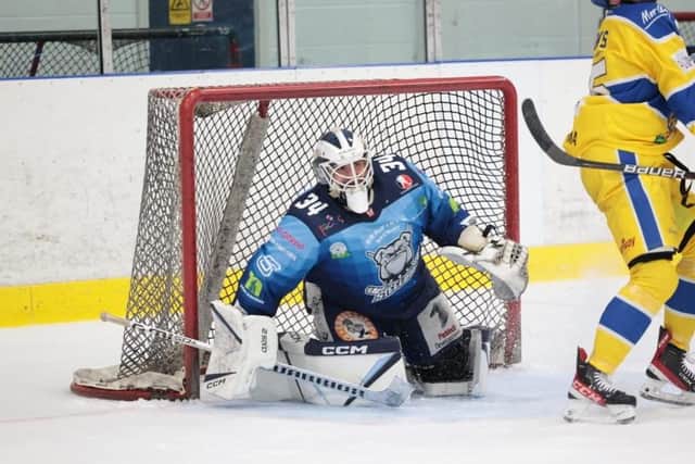 SOLID: Dimitri Zimozdra made a string of top saves for Sheffield Steeldogs, but still ended up on the losing side as Leeds Knights ran out 5-3 winners. Picture courtesy of Peter Best/Steeldogs Media