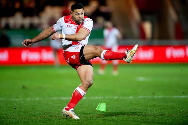 Rhyse Martin lands a conversion before being injured during Hull KR's win against Salford Red Devils last week. Picture by Allan McKenzie/SWpix.com.