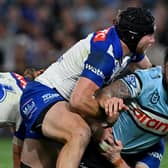 Leeds Rhinos target Braden Uele (with ball) in action for Cronulla Sharks against Canterbury Bulldogs last season. Picture by Ayush Kumar/Getty Images.