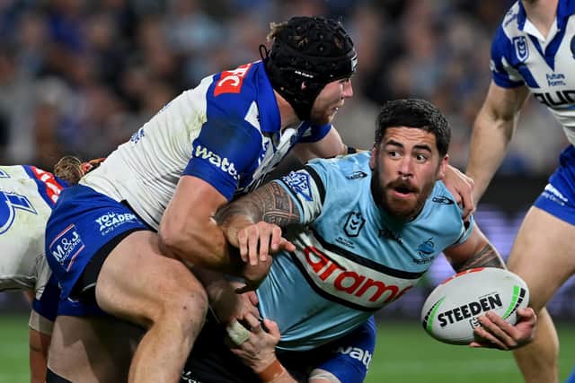Leeds Rhinos target Braden Uele (with ball) in action for Cronulla Sharks against Canterbury Bulldogs last season. Picture by Ayush Kumar/Getty Images.
