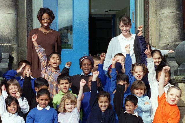 Deputy head Lesley Heathcote (right) is pictured with Year 1 and Year 2 pupils in September 1999 at Chapeltown's Hillcrest Primary after passing an Ofsted inspection.