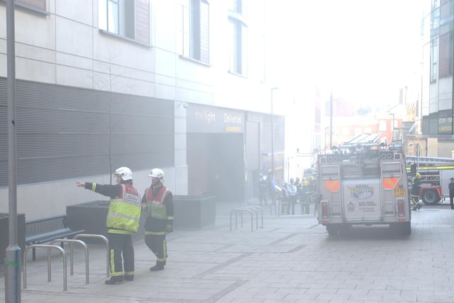 A fire at The Light shopping centre in Leeds city centre, where smoke can be seen rising from the lower car park on March 19, 2003.