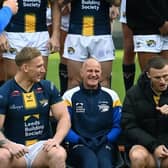 Leeds Rhinos coach Brad Arthur, middle, alongside Mikolaj Oledzki, left and Ash Handley at the club's pre-season media day. Picture by Jonathan Gawthorpe.