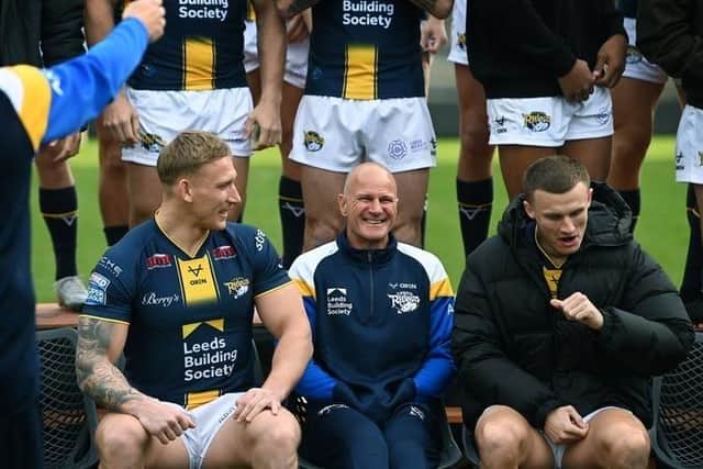 Leeds Rhinos coach Brad Arthur, middle, alongside Mikolaj Oledzki, left and Ash Handley at the club's pre-season media day. Picture by Jonathan Gawthorpe.