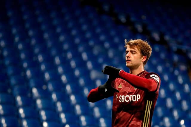 Leeds United's English striker Patrick Bamford celebrates scoring the opening goal during the English Premier League football match between Chelsea and Leeds United at Stamford Bridge in London on December 5, 2020.