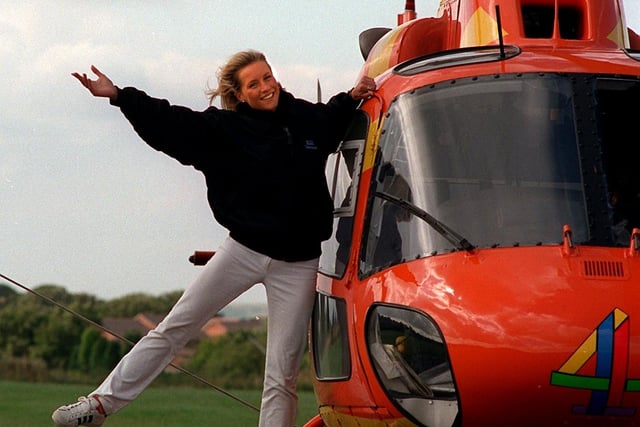 Big Breakfast weather girl Denise van Outen landed at Leeds Bradford Airport with the TV show's orange helicopter.