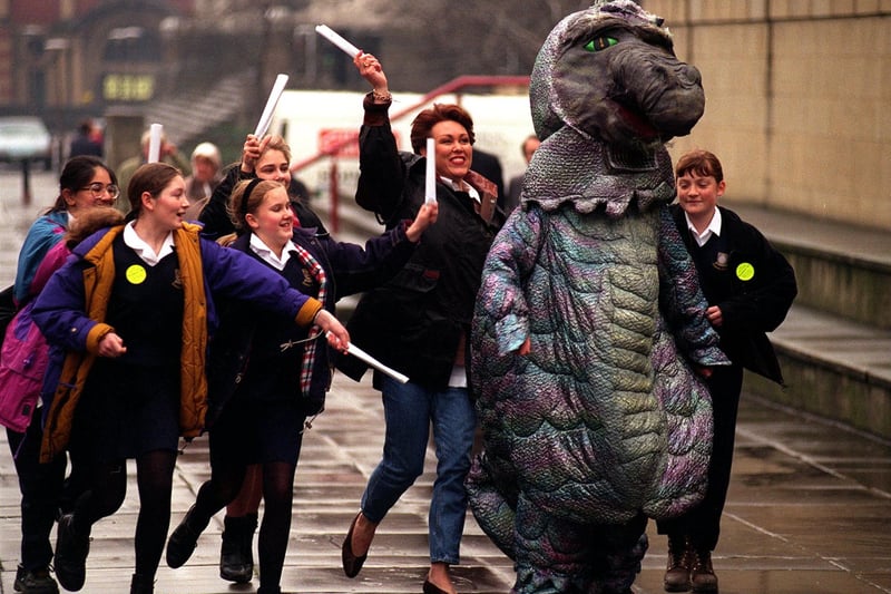 Calendar TV's Christa Ackroyd and local children from Guiseley School were in the city centre in April 1996 chasing the Plain English Roadshow's gobbledygook monster out of town.