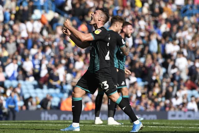 LONG LIKED - Burnley right-back Connor Roberts, pictured here celebrating as a Swansea City player at Elland Road when he and Joe Rodon were part of a 1-0 win over Leeds United in 2019. Leeds have long admired Roberts but no move is imminent. Pic: George Wood/Getty Images
