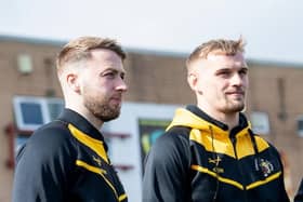 Luke Hooley - right, with teammate Danny Richardson - before the game at Batley Bulldogs in March when he suffered a shoulder injury. Picture by Allan McKenzie/SWpix.com.