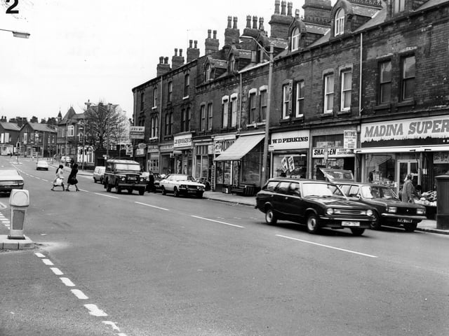 A parade of shops in Roundhay Road looking towards the junction with Roseville Road. Pictured in April 1980.