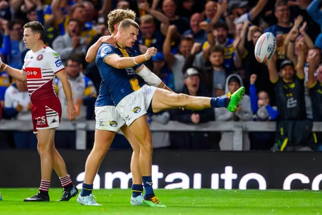 Ash Handley celebrates his try against Wigan Warriors, but there wasn't much else for Leeds Rhinos fans to cheer. Picture by Allan McKenzie/SWpix.com.
