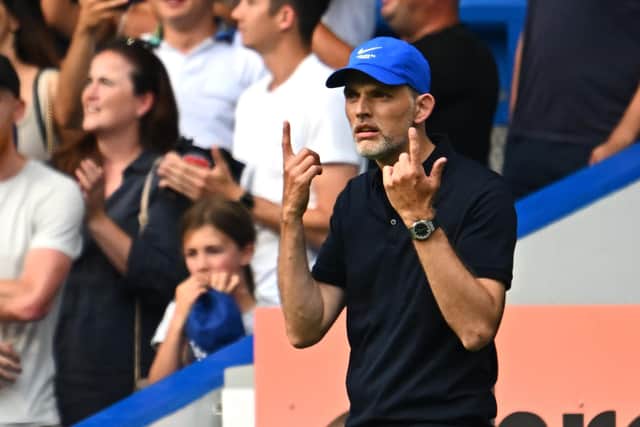 LONDON, ENGLAND - AUGUST 14: Thomas Tuchel, Manager of Chelsea, reacts during the Premier League match between Chelsea FC and Tottenham Hotspur at Stamford Bridge on August 14, 2022 in London, England. (Photo by Clive Mason/Getty Images)