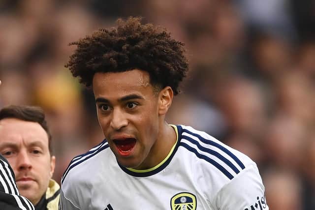 LEEDS, ENGLAND - FEBRUARY 12: Tyler Adams of Leeds United reacts during the Premier League match between Leeds United and Manchester United at Elland Road on February 12, 2023 in Leeds, England. (Photo by Gareth Copley/Getty Images)