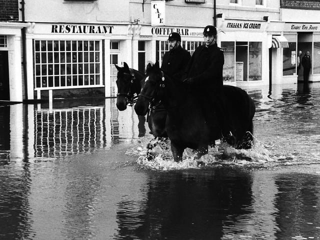 Mounted police from Harrogate patrol Tower Street in January 1982.