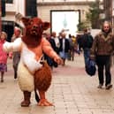 A larger than life 'genetically-engineered' animal - called Chimera - walked through the city centre in Leeds, as part of a campaign to end genetic engineering and the patenting of animals.