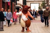 A larger than life 'genetically-engineered' animal - called Chimera - walked through the city centre in Leeds, as part of a campaign to end genetic engineering and the patenting of animals.