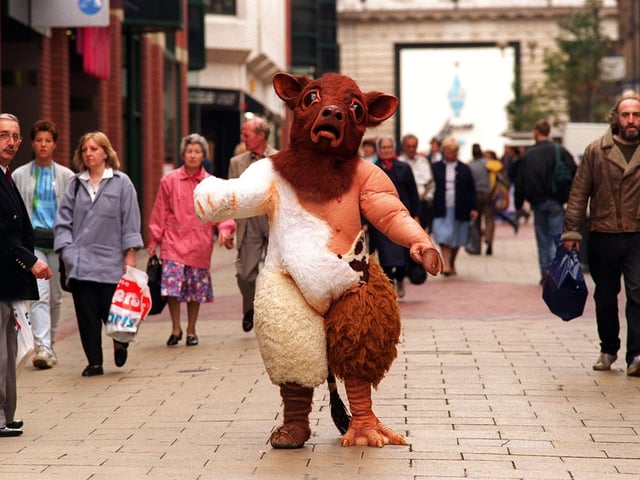 A larger than life 'genetically-engineered' animal - called Chimera - walked through the city centre in Leeds, as part of a campaign to end genetic engineering and the patenting of animals.