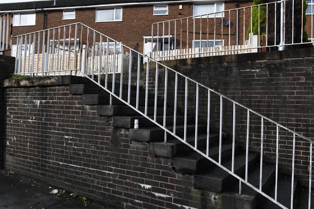 Mr Fowkes fears that his wheelchair could be toppled on Bawn Approach in a slope that stands near to a series of steps. Photo: Jonathan Gawthorpe.