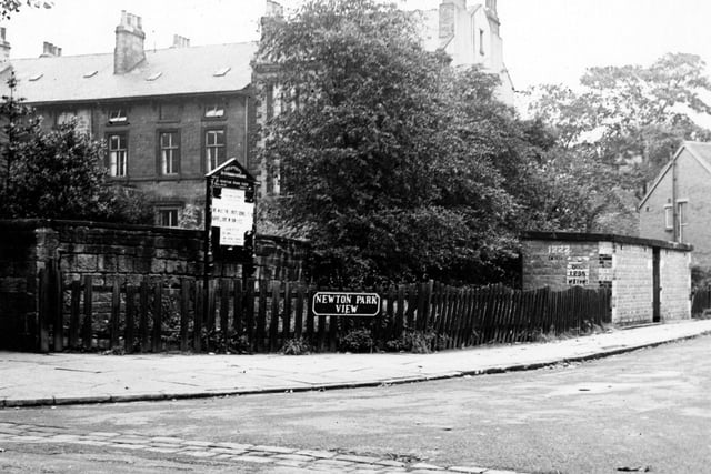 Newton Park View shown from Harehills Avenue. There is a sign next to a tree for Beth Hamidrash Hagadol Synagogue. Pictured in August 1945.