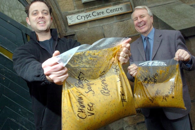 Chef Damien O'Brien, left, delivers 600 portions of home made soup to John Flounders, director of St Georges Crypt in Leeds city centre in December 2004.