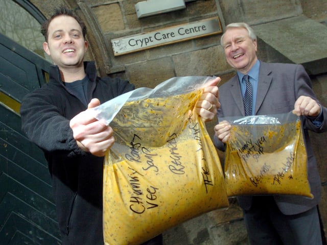 Chef Damien O'Brien, left, delivers 600 portions of home made soup to John Flounders, director of St Georges Crypt in Leeds city centre in December 2004.