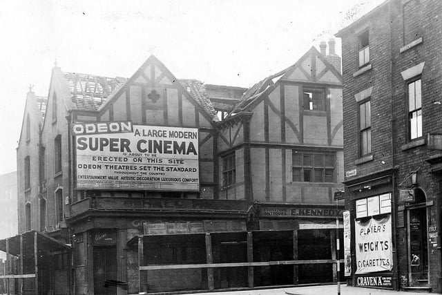 This circa 1939 view was taken during demolition of the Old Hall Hotel. This had closed in 1937 and, as can be seen from the sign, there were plans to build an Odeon Cinema on the site. However after demolition the site was used for a car park until the early 1960s when the Merrion Centre was built. An Odeon cinema did open in the centre in August 1964 and closed on the October 30, 1977. Merrion Street is in the foreground of the photograph.