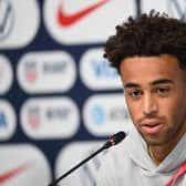 USA's midfielder Tyler Adams attends a press conference at Al Gharafa SC in Doha on November 17, 2022, ahead of the Qatar 2022 World Cup football tournament. (Photo by Patrick T. FALLON / AFP) (Photo by PATRICK T. FALLON/AFP via Getty Images)
