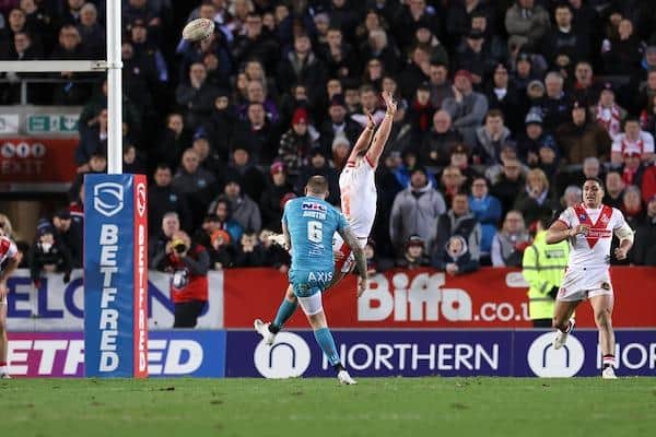 Blake Austin boots Rhinos' last-minute winner at Saints. Picture by Paul Currie/SWpix.com.