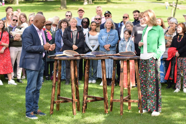 Raj Bisram challenges presenter Fiona Bruce to identify the most valuable sports racquet at Roundhay Park in Leeds.