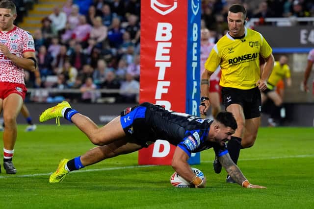 James Bentley scores for Leeds Rhinos in their 22-14 win at Leigh Leopards. Picture by Olly Hassell/SWpix.com.