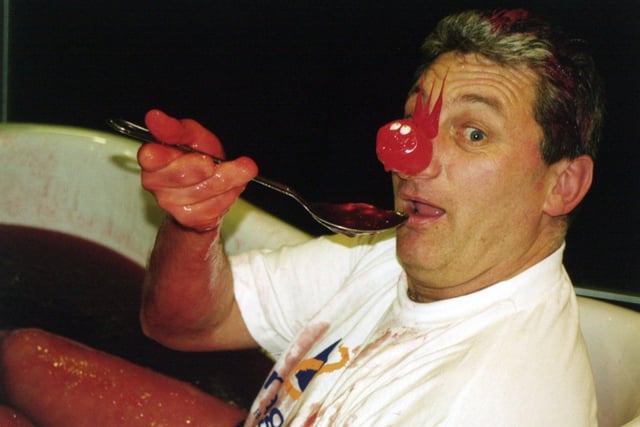 Paul Cope has a jolly jelly time raising money for Comic Relief at Yeadon's Dragons Health Club in March 2003.