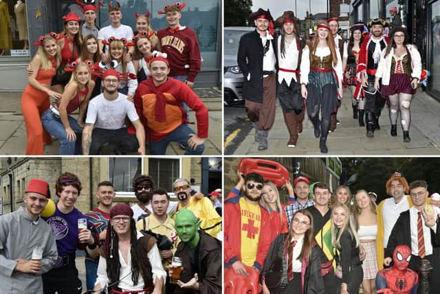 Students donning fancy dress and taking part in the Otley Run in 2021