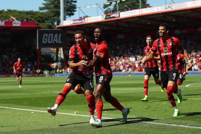 BOURNEMOUTH, ENGLAND - AUGUST 06: Jefferson Lerma of AFC Bournemouth celebrates their side's first goal with teammate Marcus Tavernier during the Premier League match between AFC Bournemouth and Aston Villa at Vitality Stadium on August 06, 2022 in Bournemouth, England. (Photo by Christopher Lee/Getty Images)
