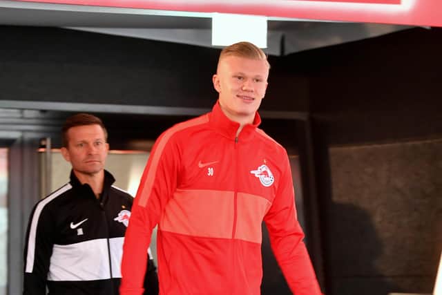 Salzburg's US head coach Jesse Marsch (L) and Salzburg's Norwegian forward Erling Braut Haland arrive to give a press conference on the eve of the UEFA Champions League group E football match FC Salzburg v Liverpool in Salzburg, Austria, on December 9, 2019. (Photo by BARBARA GINDL / APA / AFP) / Austria OUT (Photo by BARBARA GINDL/APA/AFP via Getty Images)