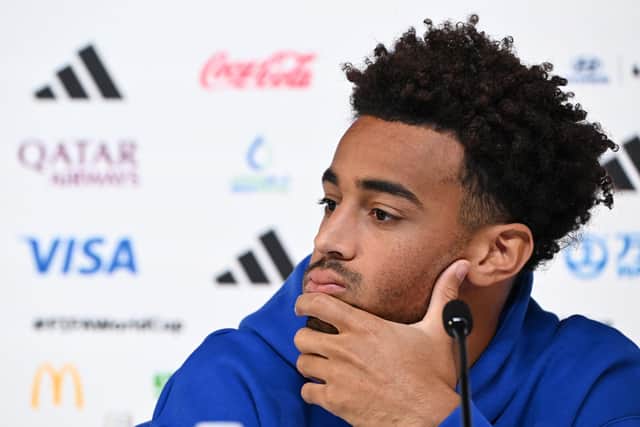 USA's midfielder Tyler Adams attends a press conference at the Qatar National Convention Center (QNCC) in Doha on November 20, 2022, on the eve of the Qatar 2022 World Cup football match between the USA and Wales. (Photo by Patrick T. FALLON / AFP) (Photo by PATRICK T. FALLON/AFP via Getty Images)