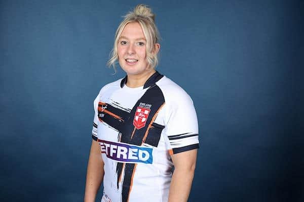Leeds' Keara Bennett in England's Rob Burrow-themed shirt. Picture by Paul Currie/SWpix.com.