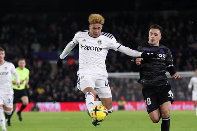 LEEDS, ENGLAND - DECEMBER 16: Mateo Joseph of Leeds United in action during the friendly match between Leeds United and Real Sociedad at Elland Road on December 16, 2022 in Leeds, England. (Photo by Jan Kruger/Getty Images)