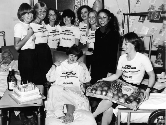 Joining in the 21st birthday fun at YEP classified department in January 1982 are, from front: Debbie Carroll and Carol Gay (with fruit). From left are Brenda Jackson, Karen Wilson, Julie Shawmarsh, Sally Moore, Carol Clay, June Ratcliffe and Paula Bamford.