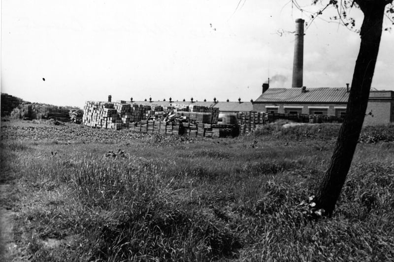 W. Moorhouse and Sons Ltd., jam manufacturers, of Old Lane. The picture shows a rear view with pallets and boxes stacked up. A chimney is seen in the distance and a tree is visible in the foreground amongst a patch of grass. Pictured in June 1950.