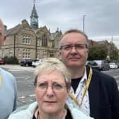 Stewart Golton, Diane Chapman and Conrad Hart-Brooke in front of the old council offices in Rothwell.
