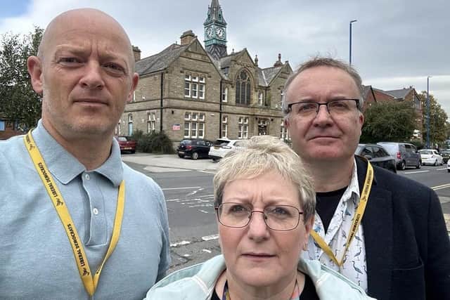 Stewart Golton, Diane Chapman and Conrad Hart-Brooke in front of the old council offices in Rothwell.