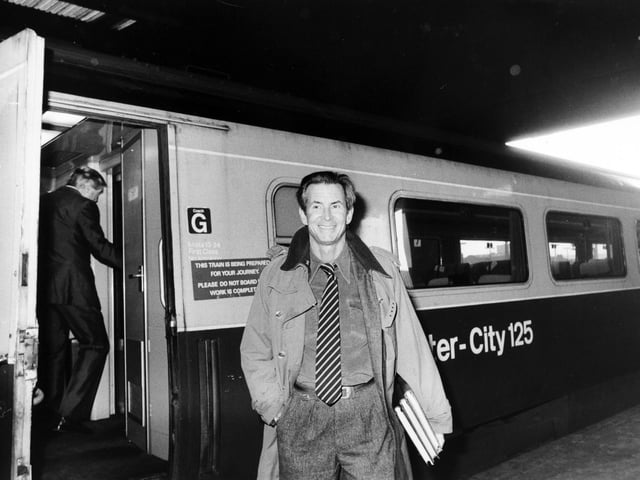 Actor Anthony Perkins arrives at Leeds City Station in November 1983.