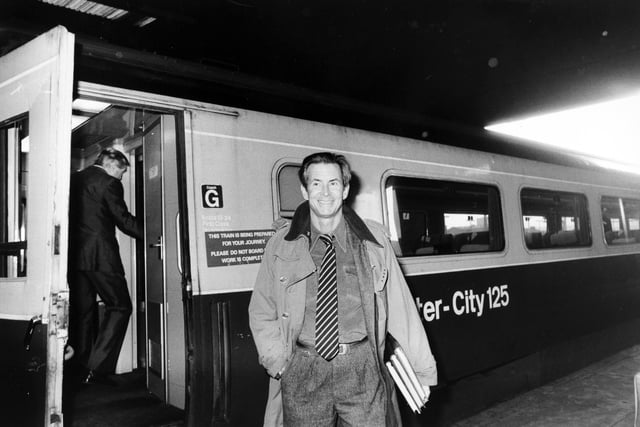 Actor Anthony Perkins arrives at Leeds City Station in November 1983.
